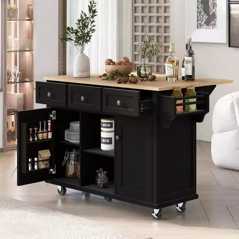 TUYOHW Isola da Cucina con Ruote da 134,8 cm con Anta a Ribalta, Mobile Contenitore e 3 Cassetti
