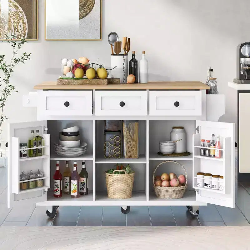 TUYOHW Isola da Cucina con Ruote da 134,8 cm con Anta a Ribalta, Mobile Contenitore e 3 Cassetti