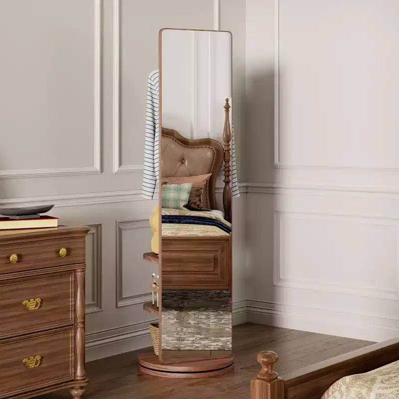 TUYOHW Specchio moderno rotante a figura intera con ganci funzionali e appendiabiti, specchio da terra indipendente per camera da letto, camerino, Noce