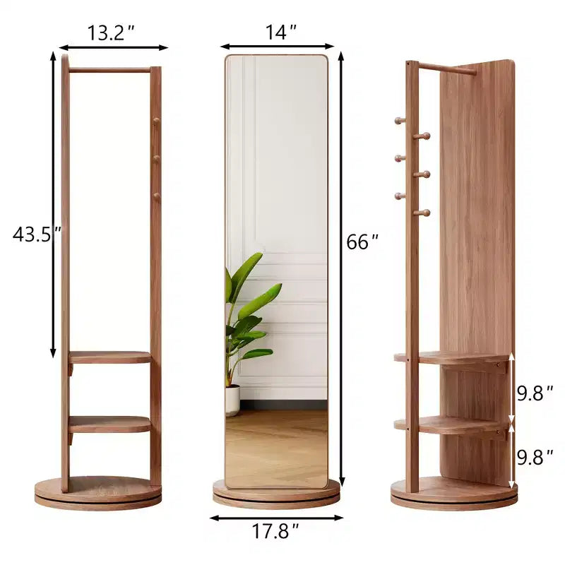 TUYOHW Specchio moderno rotante a figura intera con ganci funzionali e appendiabiti, specchio da terra indipendente per camera da letto, camerino, Noce