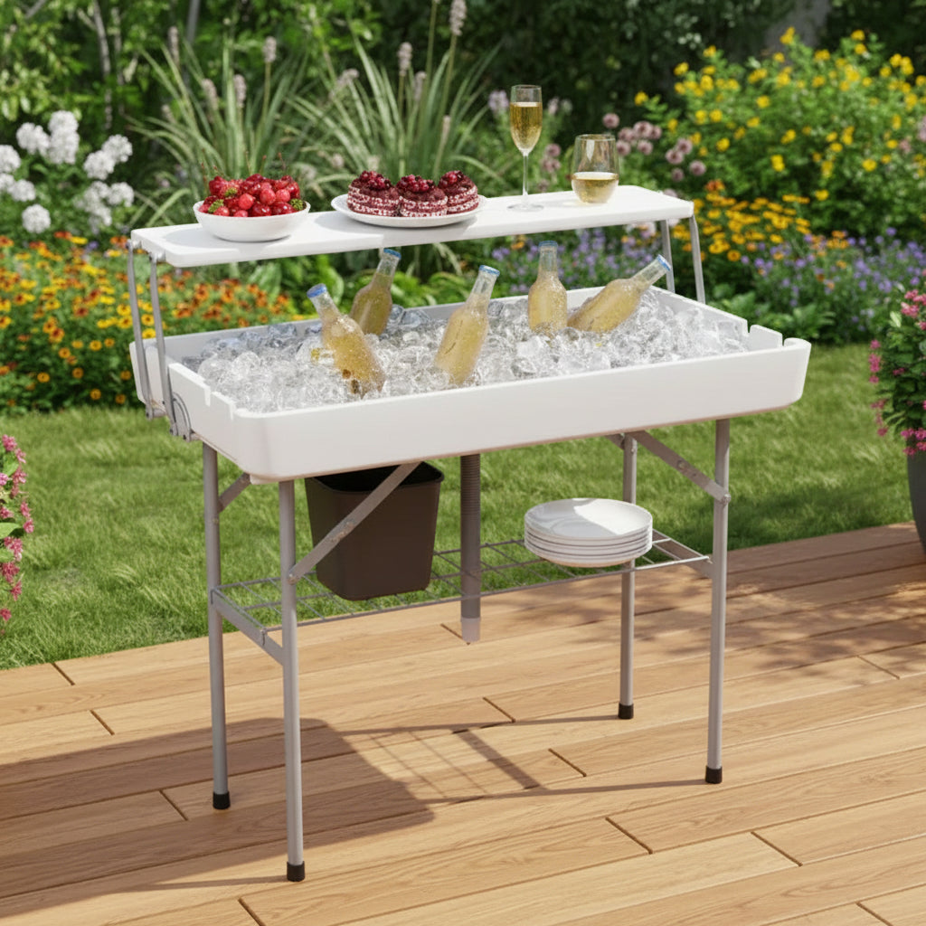 Tavolo pieghevole refrigeratore da esterno con ripiano extra, tavoli ghiacciaia per feste con scarico e gonna coordinata, tavolino rinfrescante per campeggio, picnic